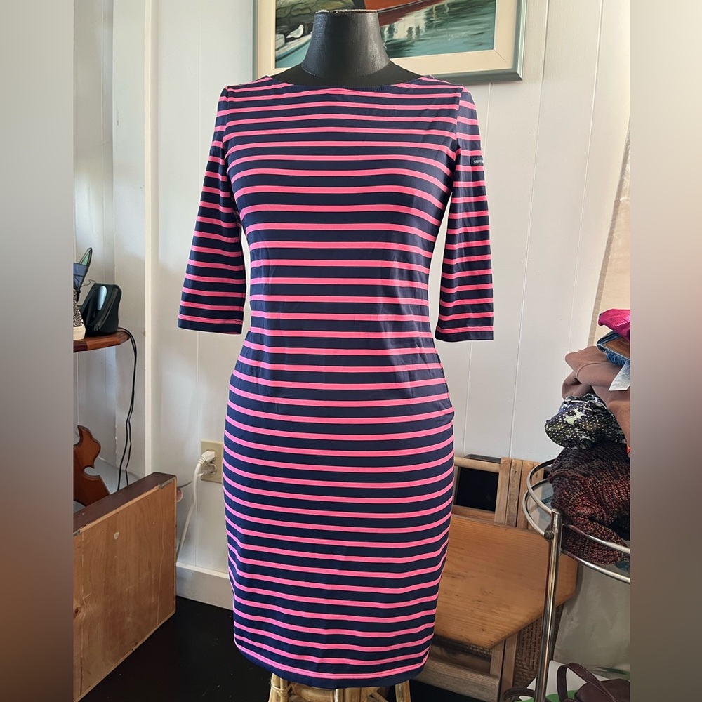 Saint James Nautical Stripe Dress 3/4 Sleeve Pink Propriano Logo UV Fabric Navy